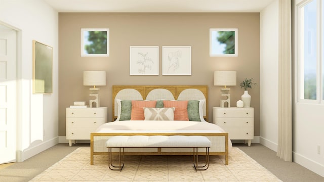 bedroom with baseboards, multiple windows, and light colored carpet