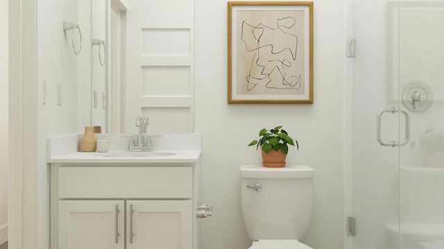 bathroom with toilet, a stall shower, and vanity