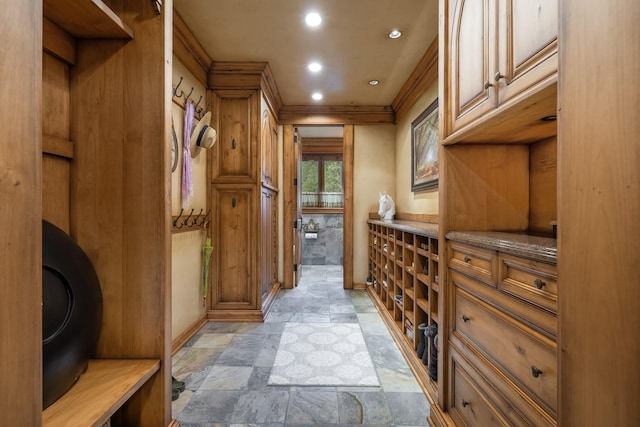 interior space featuring stone finish floor