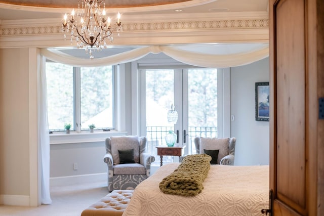 bedroom featuring baseboards, access to outside, french doors, carpet, and crown molding