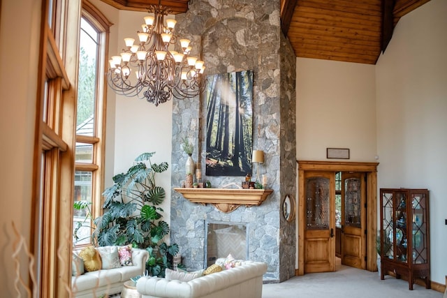 sitting room featuring high vaulted ceiling, wooden ceiling, light carpet, and a stone fireplace