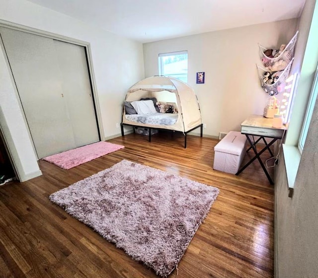 interior space with a closet, wood finished floors, and baseboards