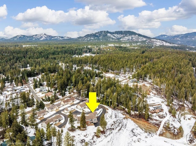 snowy aerial view with a mountain view and a wooded view