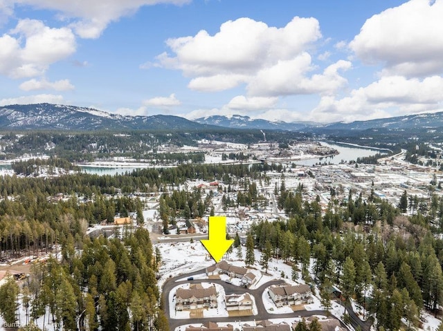 snowy aerial view featuring a water and mountain view