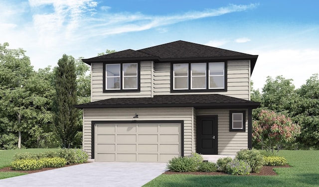 view of front facade featuring a front lawn, roof with shingles, driveway, and an attached garage