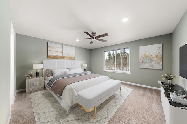 bedroom with recessed lighting, carpet, a ceiling fan, and baseboards