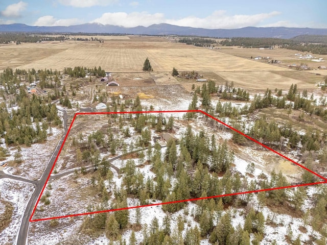 bird's eye view featuring a rural view and a mountain view