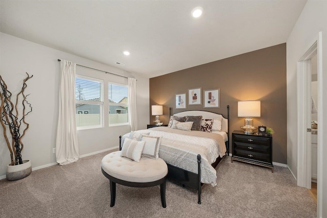 carpeted bedroom with baseboards and recessed lighting