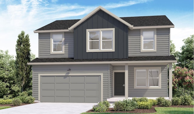 view of front of home with board and batten siding, roof with shingles, and driveway