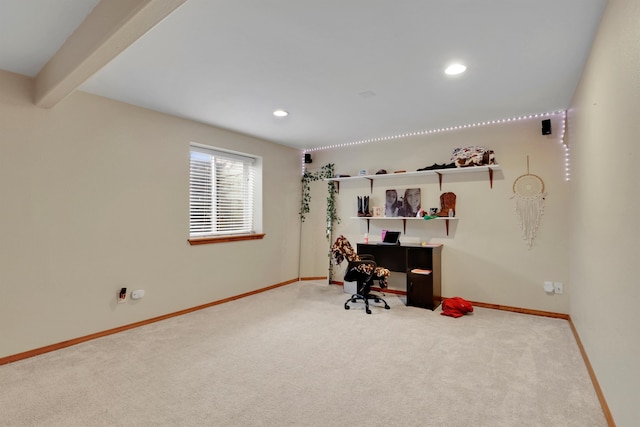 carpeted office featuring beamed ceiling, recessed lighting, and baseboards