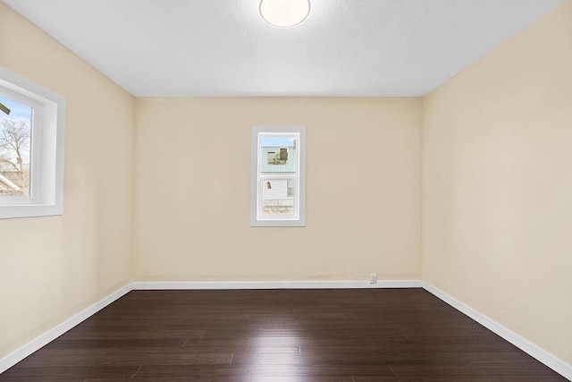 unfurnished room featuring dark wood-style floors and baseboards