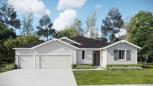 single story home with a garage, a shingled roof, concrete driveway, and a front yard