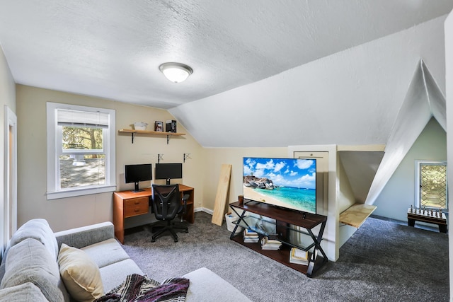 office space with carpet floors, baseboards, vaulted ceiling, and a textured ceiling