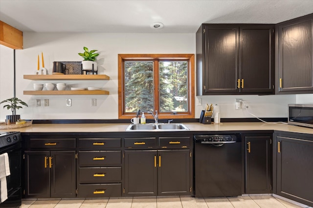 kitchen with light tile patterned floors, light countertops, black appliances, open shelves, and a sink