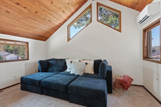 carpeted living room with high vaulted ceiling, a wall mounted AC, wooden ceiling, and baseboards