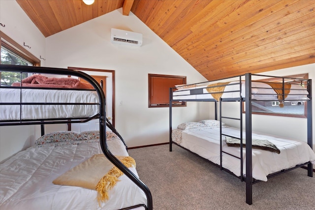 carpeted bedroom featuring baseboards, wooden ceiling, beamed ceiling, a wall mounted air conditioner, and high vaulted ceiling