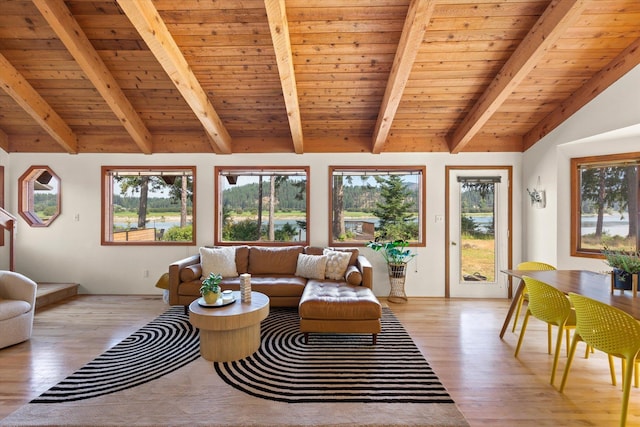 living area with lofted ceiling with beams, a healthy amount of sunlight, light wood-type flooring, and wooden ceiling