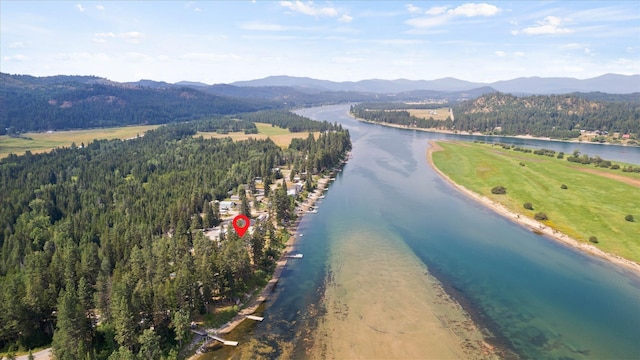 bird's eye view featuring a wooded view and a water and mountain view