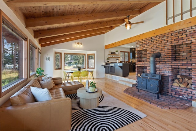 living area featuring a wood stove, wood ceiling, lofted ceiling with beams, and wood finished floors