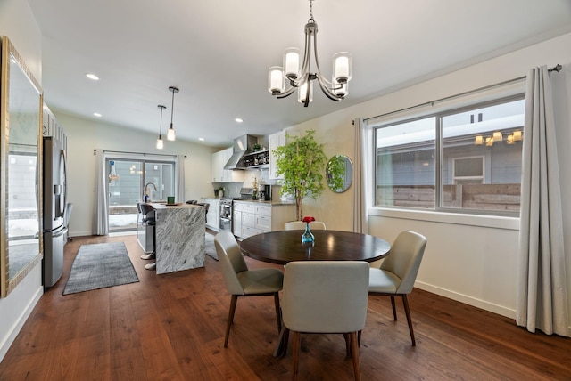 dining room with baseboards, dark wood-style flooring, recessed lighting, and a notable chandelier