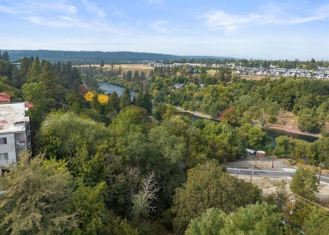 birds eye view of property with a water view and a view of trees