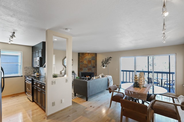 kitchen featuring stainless steel appliances, backsplash, light wood-type flooring, and a fireplace