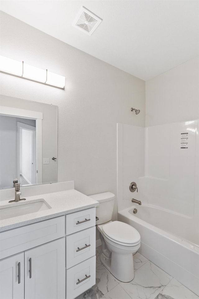 full bathroom featuring shower / bathtub combination, toilet, vanity, visible vents, and marble finish floor