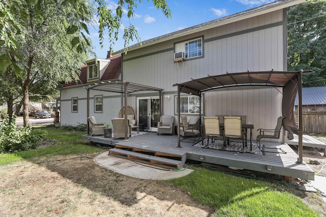 rear view of property with fence, a wooden deck, a pergola, outdoor dining space, and a chimney