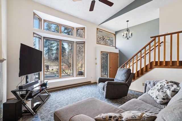 living area featuring high vaulted ceiling, ceiling fan with notable chandelier, carpet floors, stairs, and baseboard heating