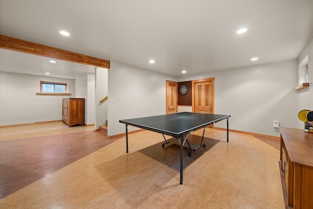 playroom featuring baseboards, beamed ceiling, and recessed lighting