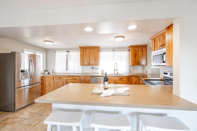 kitchen featuring a peninsula, a healthy amount of sunlight, appliances with stainless steel finishes, and light countertops