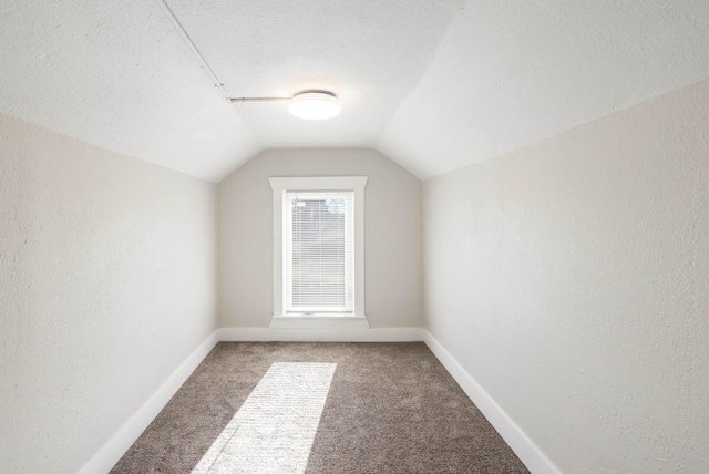 additional living space featuring a textured ceiling, a textured wall, lofted ceiling, carpet flooring, and baseboards