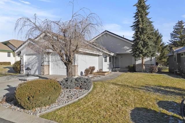 single story home with a garage, driveway, and a front lawn