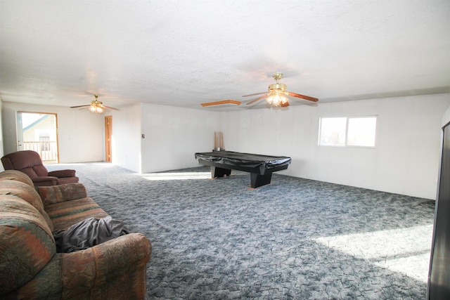 playroom featuring ceiling fan, a healthy amount of sunlight, billiards, and carpet