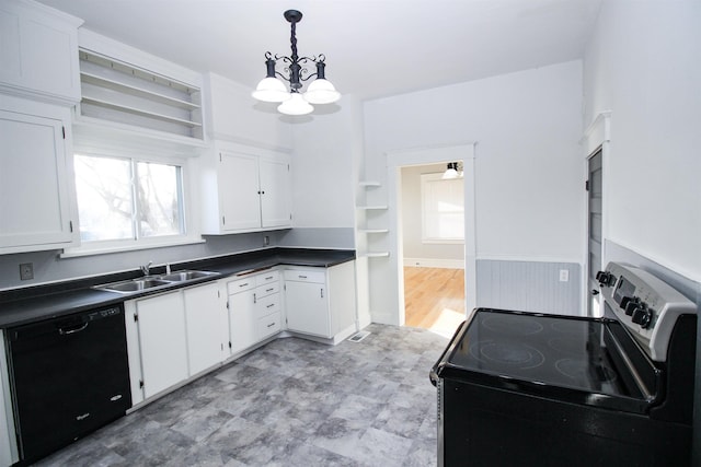 kitchen with open shelves, a sink, black dishwasher, and electric range