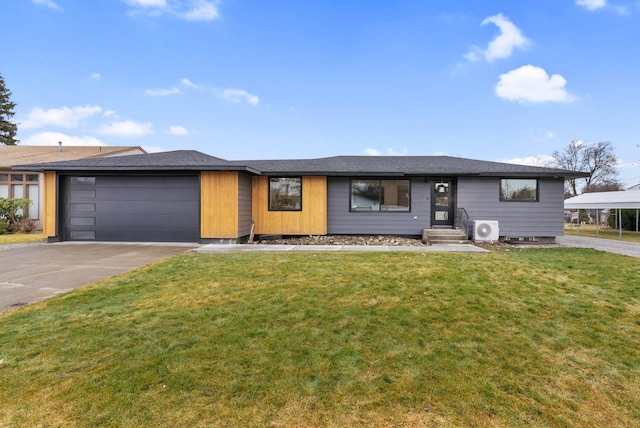 single story home with a garage, ac unit, driveway, and a front lawn