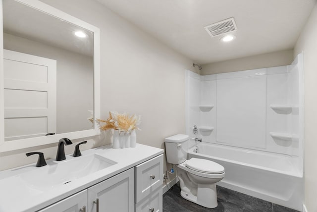 bathroom featuring visible vents, toilet, vanity, washtub / shower combination, and recessed lighting