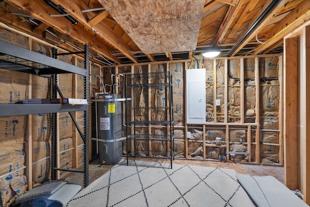 unfinished below grade area with strapped water heater and electric panel