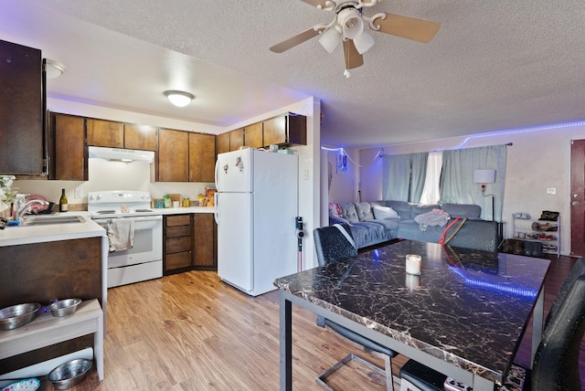 kitchen featuring light wood finished floors, open floor plan, a sink, white appliances, and under cabinet range hood