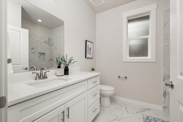 full bath with a shower, marble finish floor, toilet, vanity, and baseboards