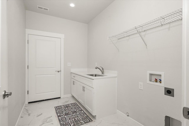 laundry area with a sink, marble finish floor, visible vents, and hookup for an electric dryer