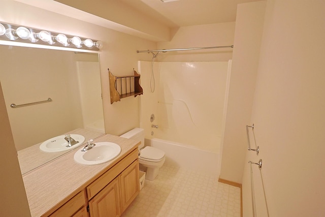 full bathroom with tub / shower combination, vanity, toilet, and tile patterned floors