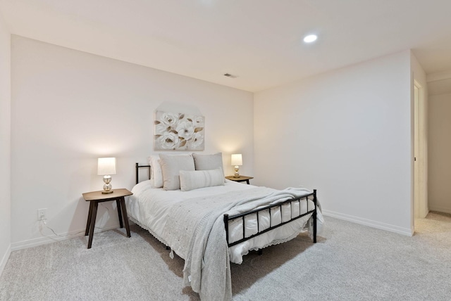 bedroom with visible vents, recessed lighting, baseboards, and carpet floors