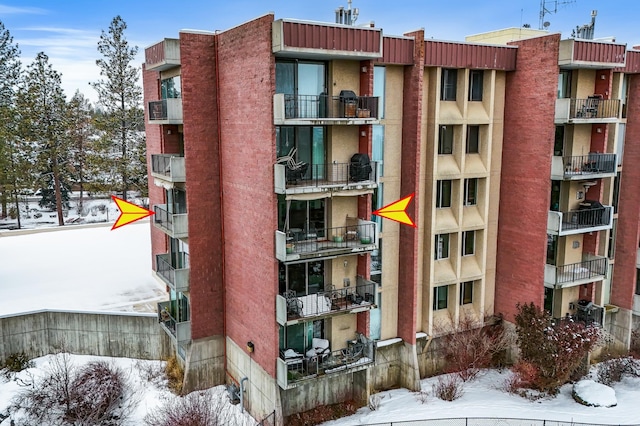 view of snow covered building