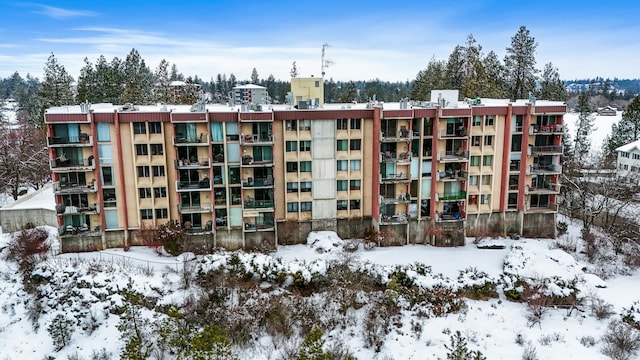 view of snow covered building