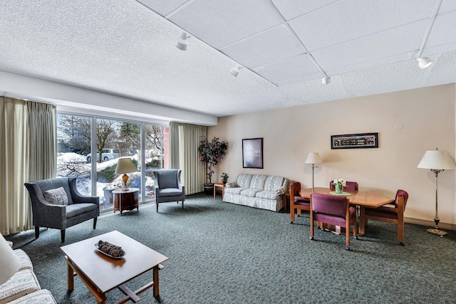 living room featuring carpet flooring, a textured ceiling, and baseboards