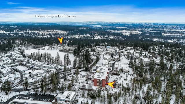 snowy aerial view featuring a residential view