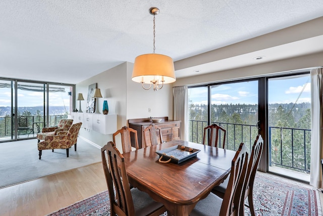 dining room with a textured ceiling, wood finished floors, a wealth of natural light, and a chandelier