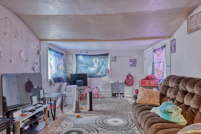 carpeted living area featuring a baseboard heating unit, a textured wall, and a textured ceiling