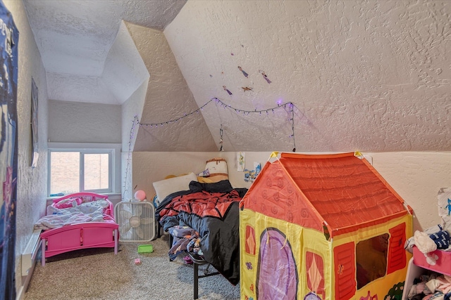 bedroom featuring carpet floors, lofted ceiling, a textured wall, and a textured ceiling